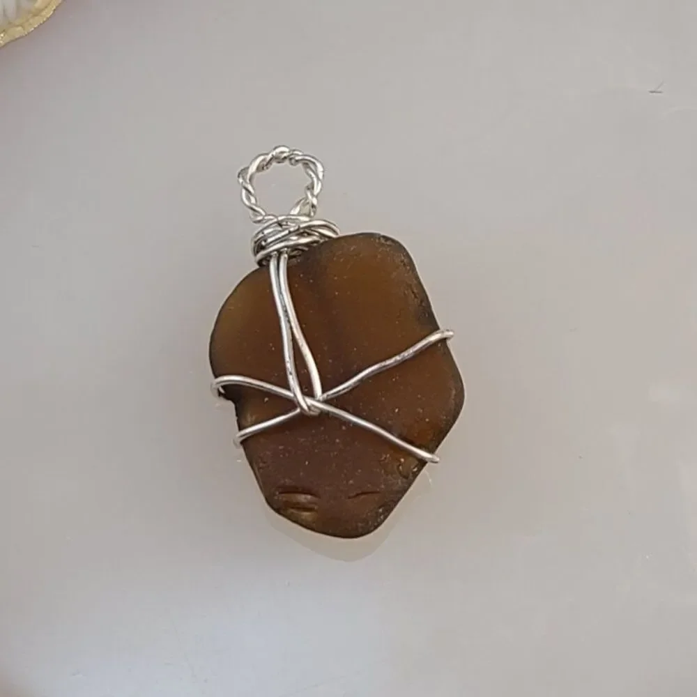 Handcrafted Silver Tone Wire Wrapped Brown Sea Glass Pendant Beach Necklace